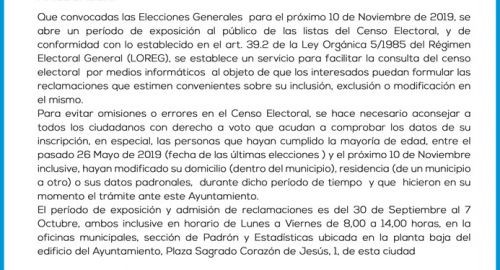 LISTAS DEL CENSO ELECTORAL PARA LAS ELECCIONES GENERALES DEL PRÓXIMO 10 DE NOVIEMBRE DE 2019